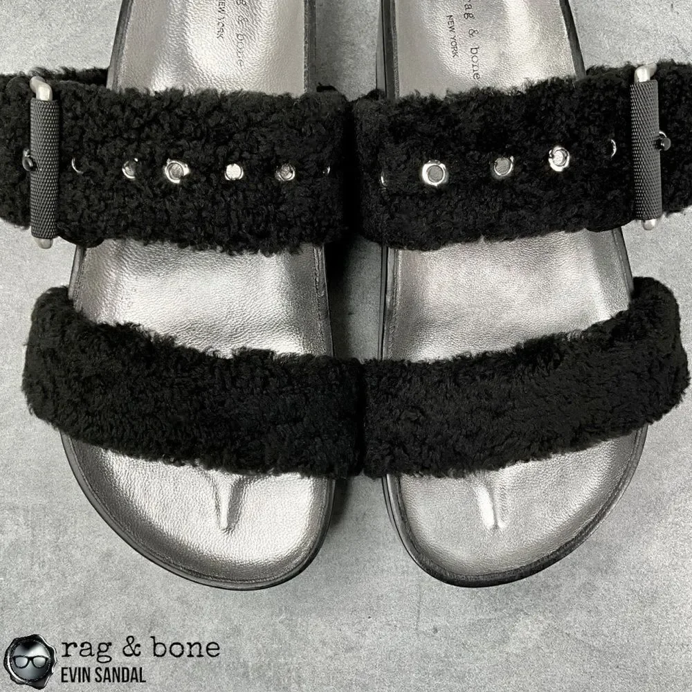 RAG & BONE EVIN GENUINE SHEARLING PLATFORM SLIDE SANDAL IN BLACK US SIZE 6 EU 36